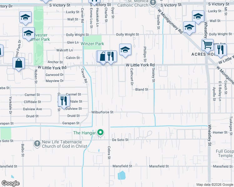 map of restaurants, bars, coffee shops, grocery stores, and more near 6626 Mcwilliams Drive in Houston