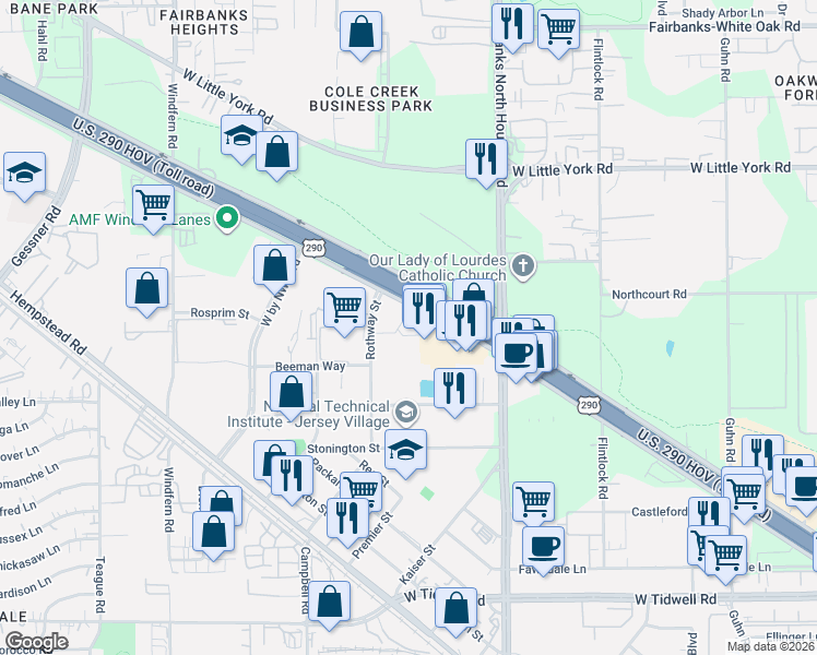 map of restaurants, bars, coffee shops, grocery stores, and more near 14163-14187 Northwest Fwy in Houston