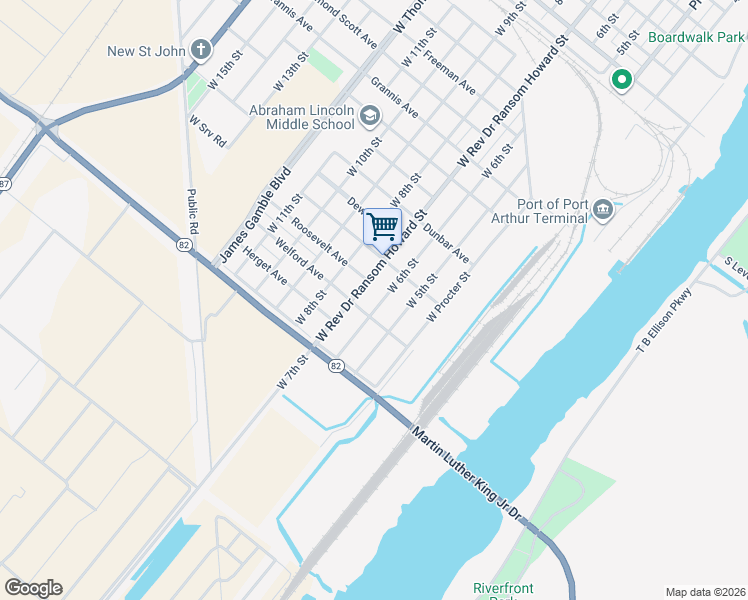 map of restaurants, bars, coffee shops, grocery stores, and more near 1314 West Rev Dr Ransom Howard Street in Port Arthur