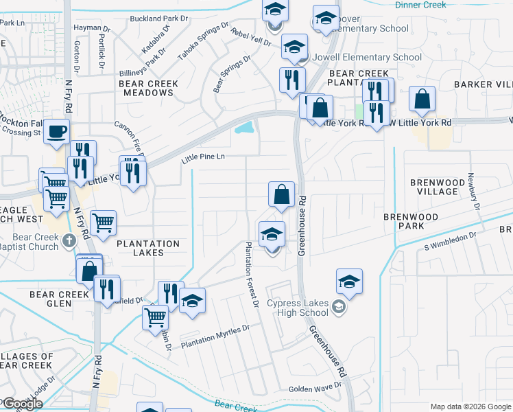 map of restaurants, bars, coffee shops, grocery stores, and more near 19412 Dry Canyon Court in Katy