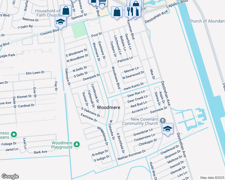 map of restaurants, bars, coffee shops, grocery stores, and more near 2445 East Sunny Meade Drive in Harvey