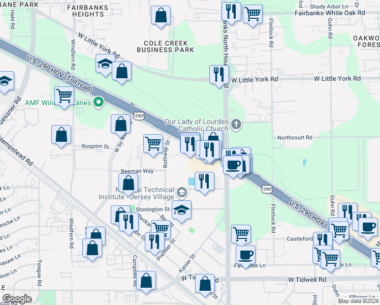 map of restaurants, bars, coffee shops, grocery stores, and more near 10961 Northwest Freeway in Houston
