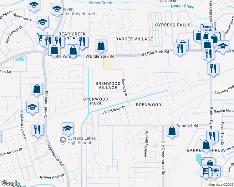 map of restaurants, bars, coffee shops, grocery stores, and more near 18707 South Lyford Drive in Katy