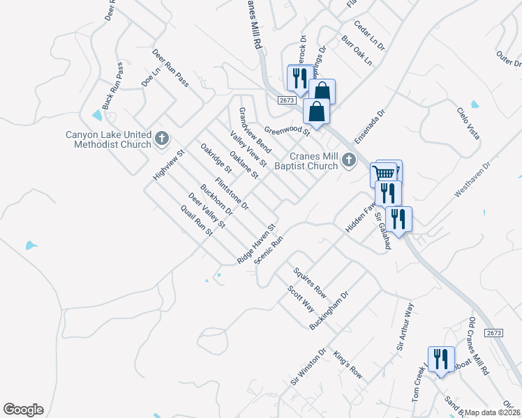 map of restaurants, bars, coffee shops, grocery stores, and more near 611 Flintstone Drive in Canyon Lake