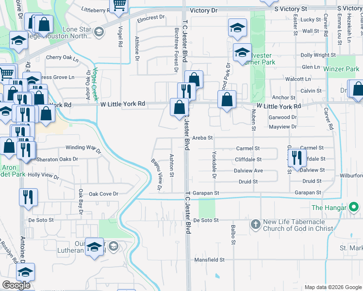 map of restaurants, bars, coffee shops, grocery stores, and more near 3239 Areba Street in Houston
