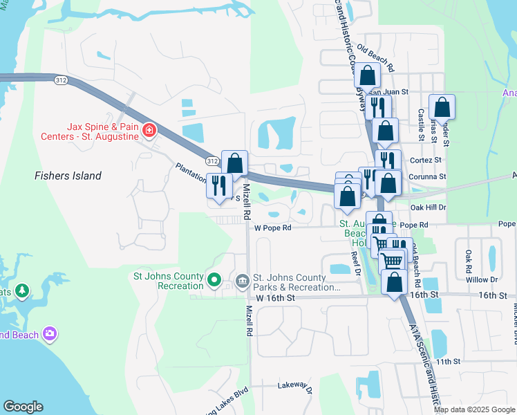 map of restaurants, bars, coffee shops, grocery stores, and more near 92 Hannah Cole Drive in St. Augustine