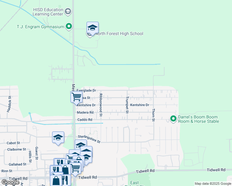 map of restaurants, bars, coffee shops, grocery stores, and more near 9117 Everglade Drive in Houston