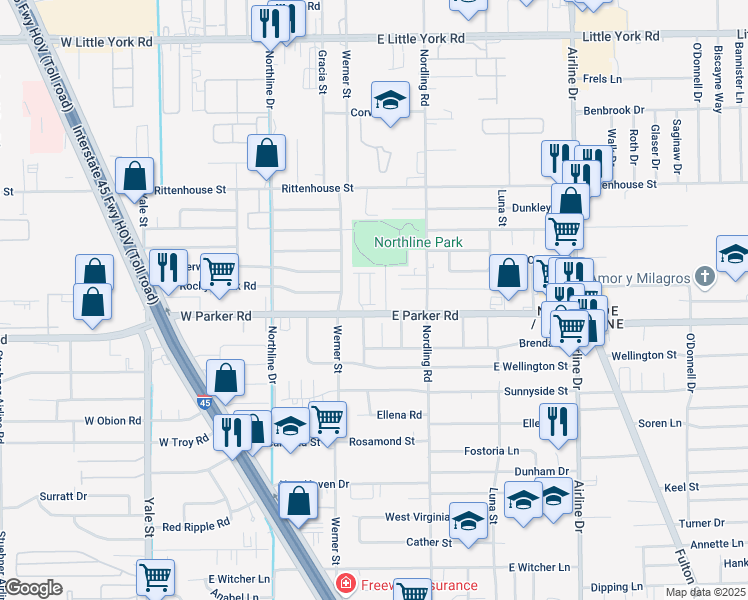 map of restaurants, bars, coffee shops, grocery stores, and more near 6814 Werner Street in Houston