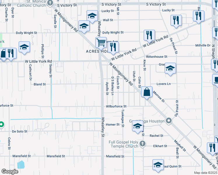 map of restaurants, bars, coffee shops, grocery stores, and more near 6629 Apollo Street in Houston