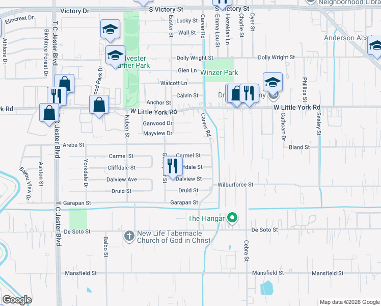 map of restaurants, bars, coffee shops, grocery stores, and more near 2445 Areba Street in Houston