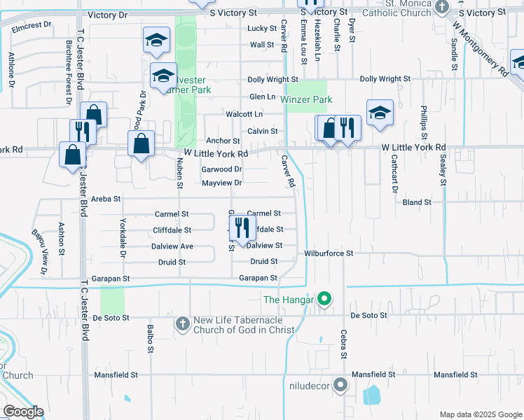 map of restaurants, bars, coffee shops, grocery stores, and more near 2445 Areba Street in Houston