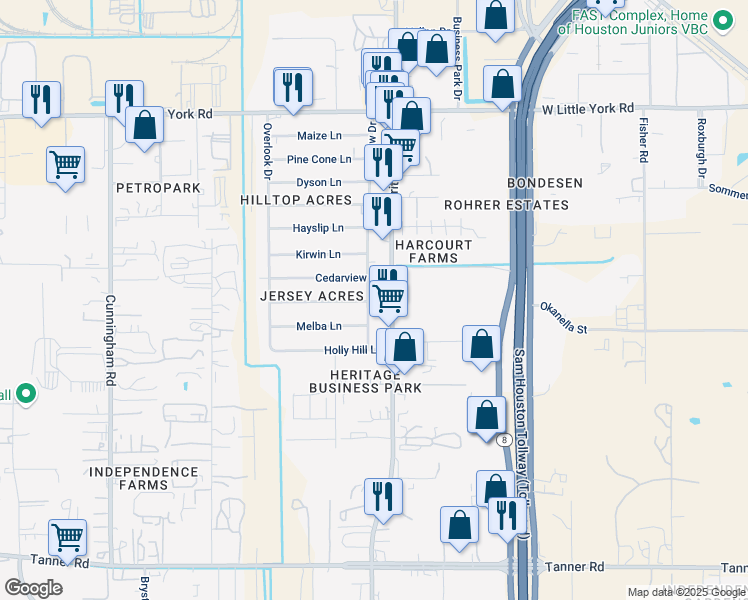 map of restaurants, bars, coffee shops, grocery stores, and more near 6327 Brittmoore Road in Houston