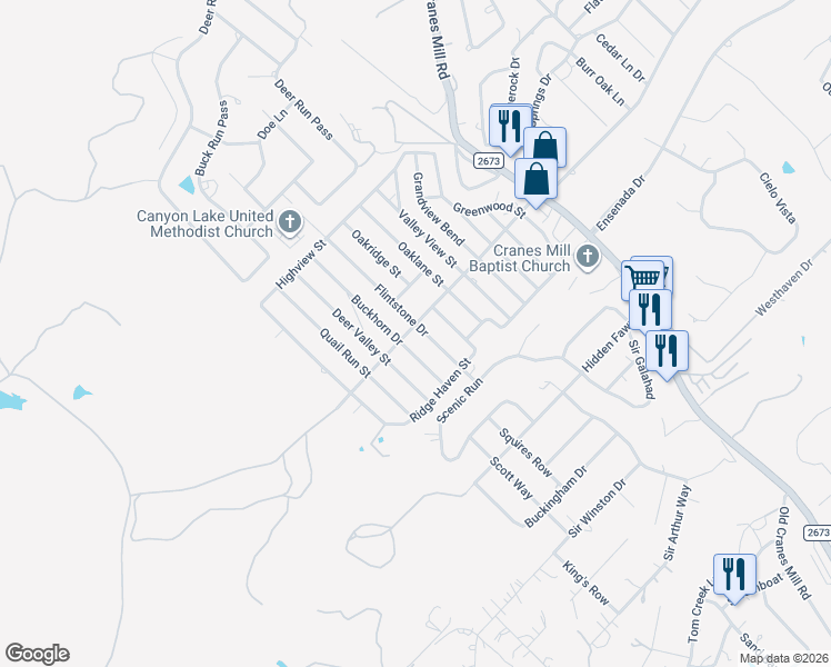 map of restaurants, bars, coffee shops, grocery stores, and more near 611 Flintstone Drive in Canyon Lake