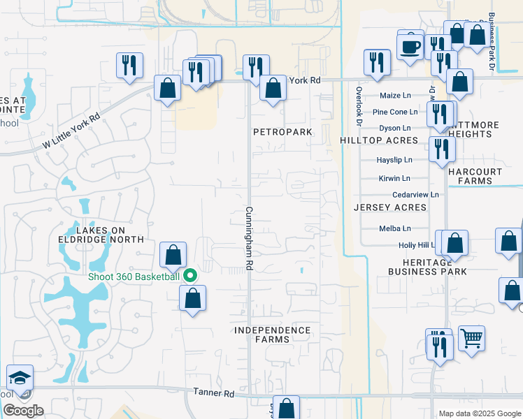 map of restaurants, bars, coffee shops, grocery stores, and more near 6324 Cunningham Road in Houston