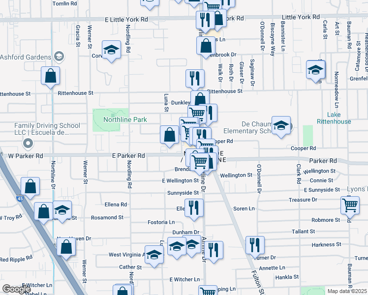 map of restaurants, bars, coffee shops, grocery stores, and more near 6714 Mano Street in Houston
