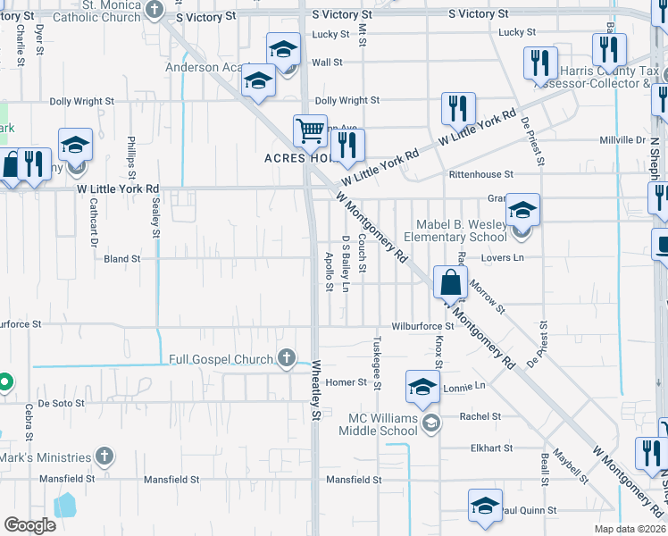 map of restaurants, bars, coffee shops, grocery stores, and more near 6629 Apollo Street in Houston
