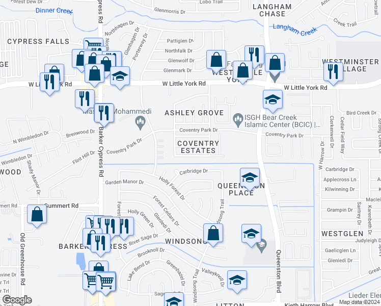 map of restaurants, bars, coffee shops, grocery stores, and more near 17602 Coventry Oaks Drive in Houston