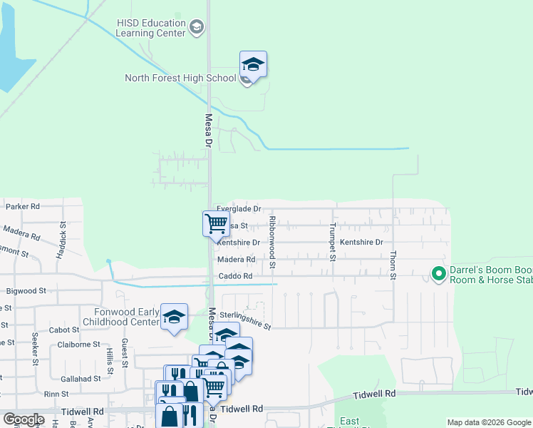map of restaurants, bars, coffee shops, grocery stores, and more near 8934 Everglade Drive in Houston