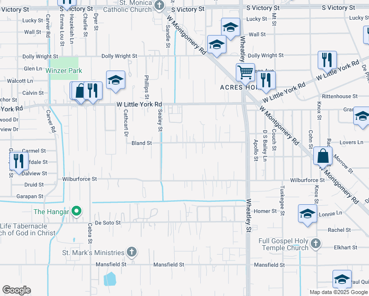 map of restaurants, bars, coffee shops, grocery stores, and more near 6616 Tippett Street in Houston