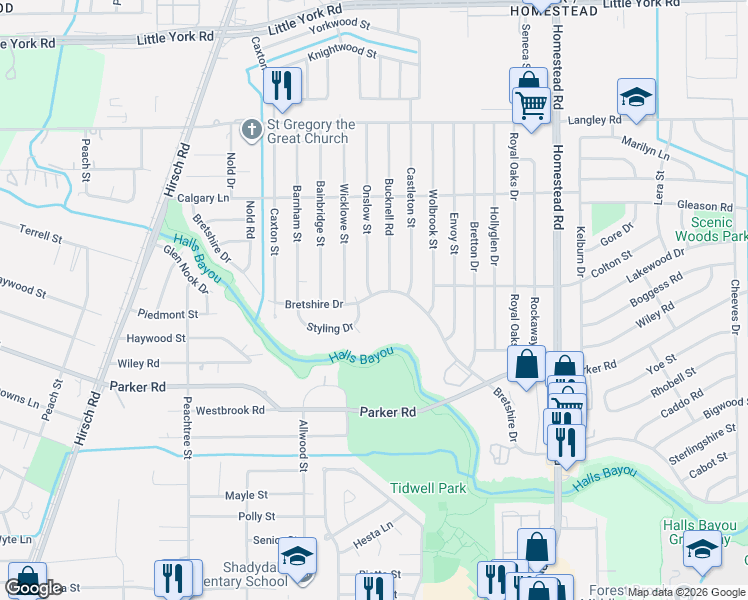 map of restaurants, bars, coffee shops, grocery stores, and more near 5601 Bretshire Drive in Houston