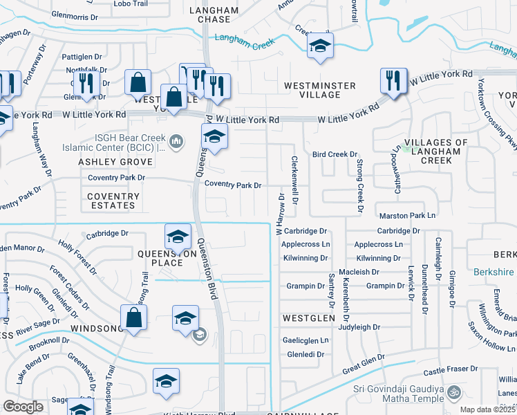map of restaurants, bars, coffee shops, grocery stores, and more near 5723 Westminster Village Drive in Houston