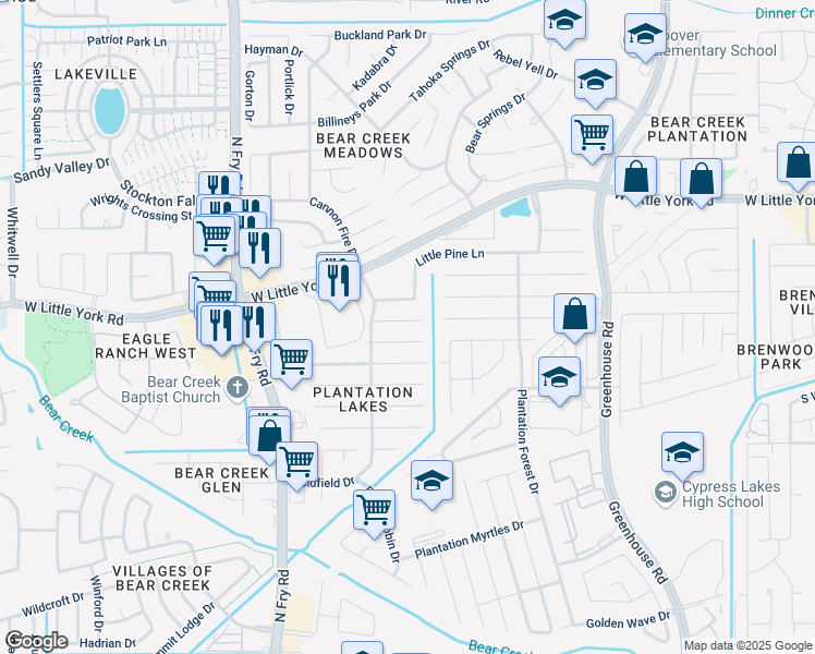 map of restaurants, bars, coffee shops, grocery stores, and more near 19614 Green Oasis Court in Katy