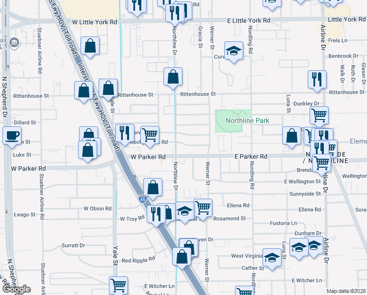 map of restaurants, bars, coffee shops, grocery stores, and more near 110 East Rocky Creek Road in Houston