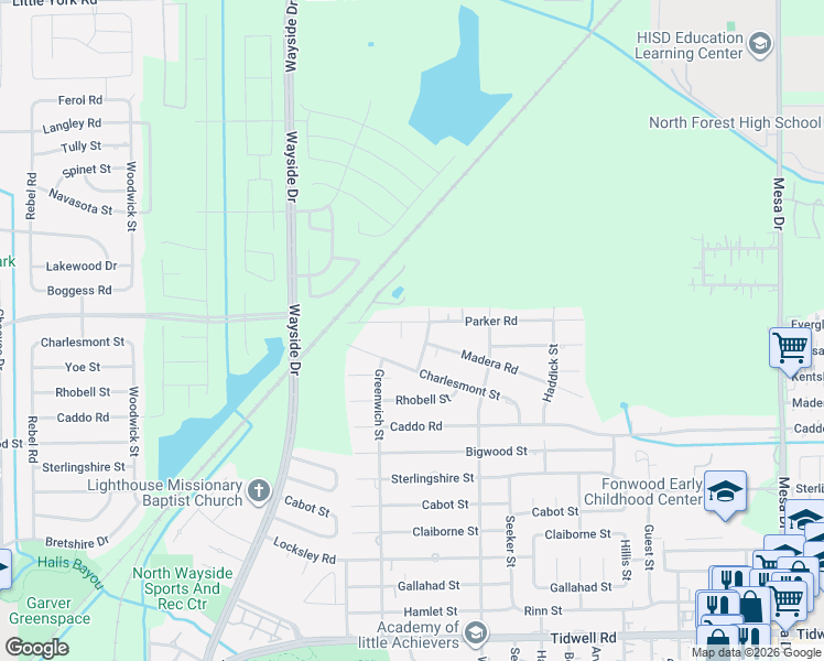 map of restaurants, bars, coffee shops, grocery stores, and more near 8118 Parker Road in Houston