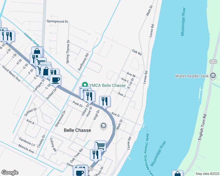 map of restaurants, bars, coffee shops, grocery stores, and more near 400 Pavlas Place in Belle Chasse