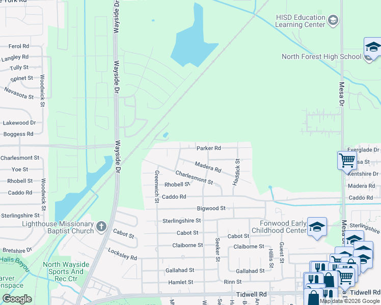 map of restaurants, bars, coffee shops, grocery stores, and more near 8210A Parker Road in Houston