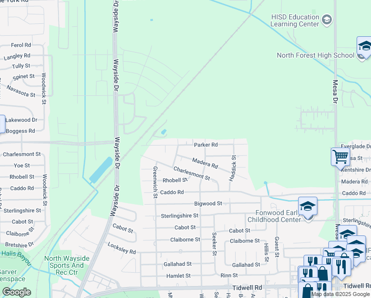 map of restaurants, bars, coffee shops, grocery stores, and more near 8210A Parker Road in Houston