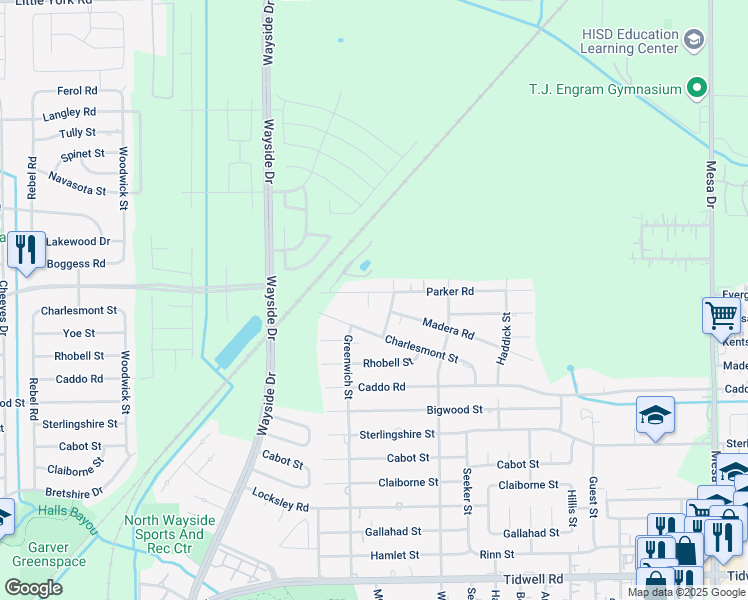 map of restaurants, bars, coffee shops, grocery stores, and more near 8114 Parker Road in Houston