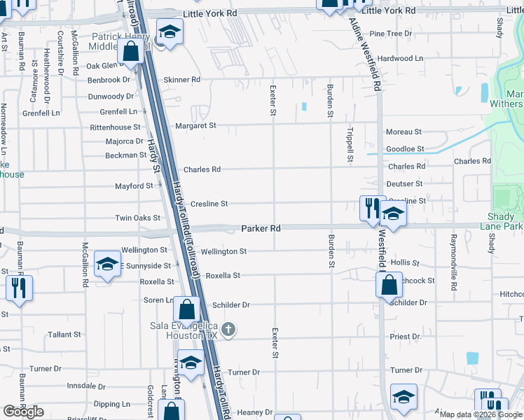 map of restaurants, bars, coffee shops, grocery stores, and more near 1826 Cresline Street in Houston