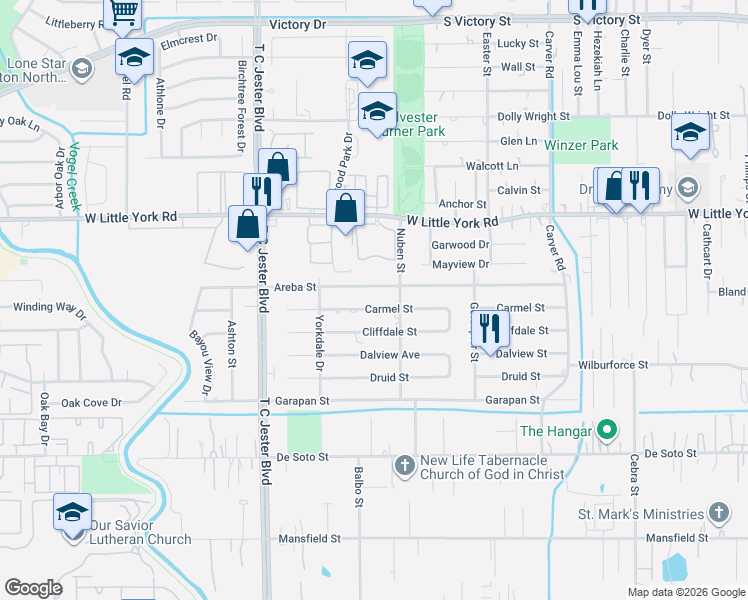 map of restaurants, bars, coffee shops, grocery stores, and more near 2903 Areba Street in Houston