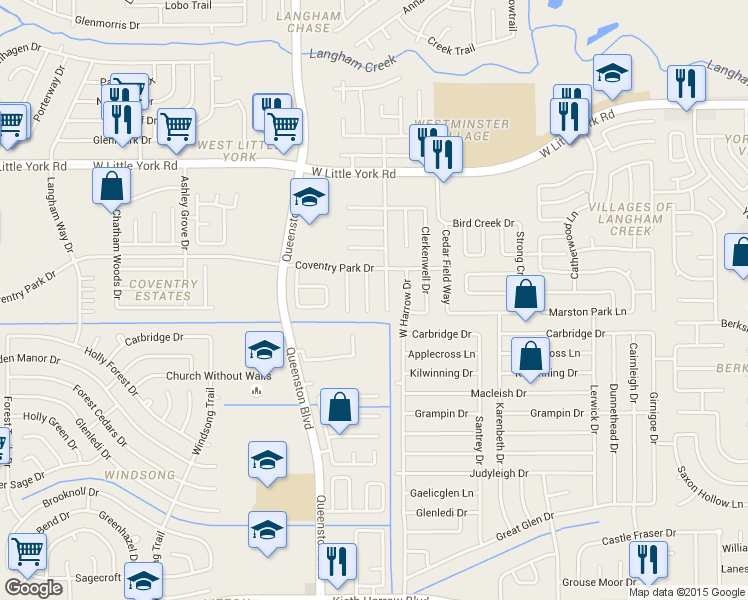 map of restaurants, bars, coffee shops, grocery stores, and more near 5723 Westminster Village Drive in Houston