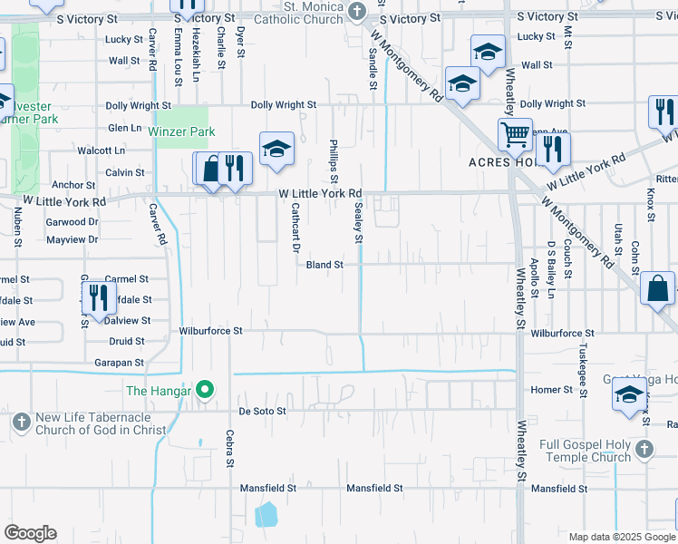 map of restaurants, bars, coffee shops, grocery stores, and more near 1609 Bland Street in Houston
