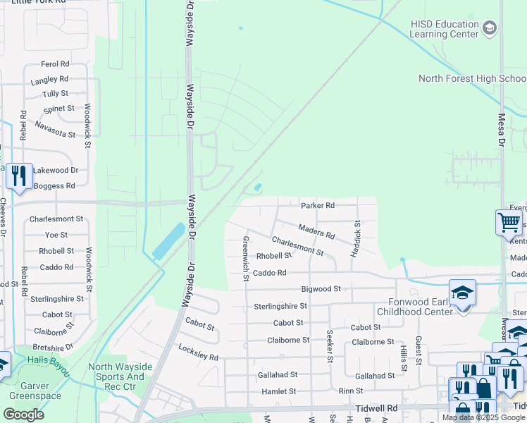 map of restaurants, bars, coffee shops, grocery stores, and more near 8114 Parker Road in Houston