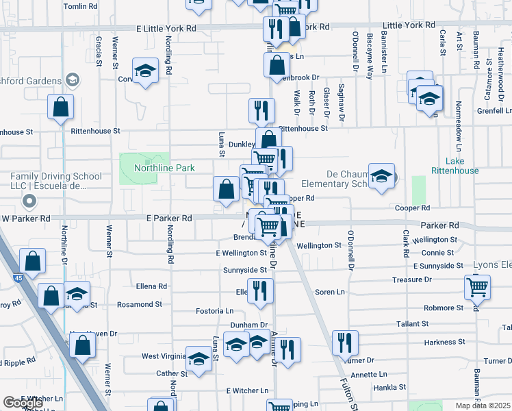 map of restaurants, bars, coffee shops, grocery stores, and more near 6714 Mano Street in Houston