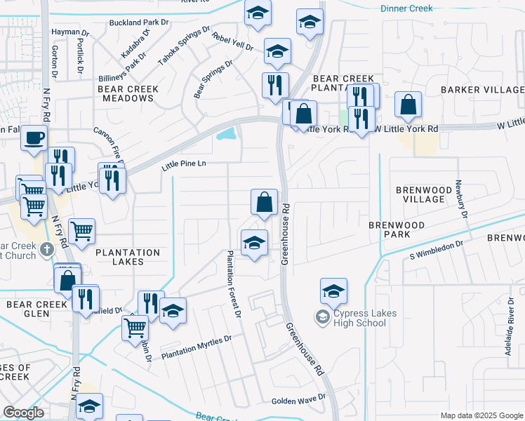 map of restaurants, bars, coffee shops, grocery stores, and more near 19302 Rum River Court in Katy