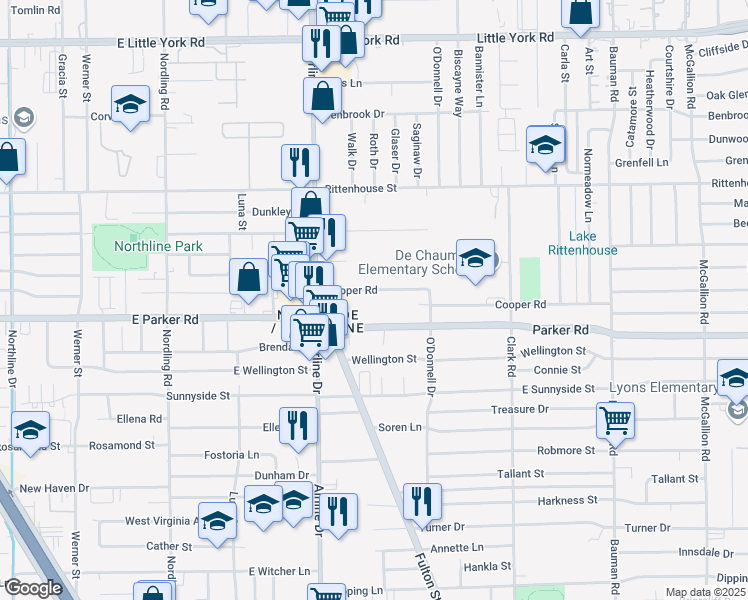 map of restaurants, bars, coffee shops, grocery stores, and more near 36 Cooper Road in Houston