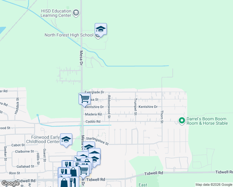map of restaurants, bars, coffee shops, grocery stores, and more near 9022 Everglade Drive in Houston