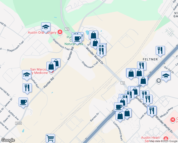 map of restaurants, bars, coffee shops, grocery stores, and more near 300 South Stagecoach Trail in San Marcos