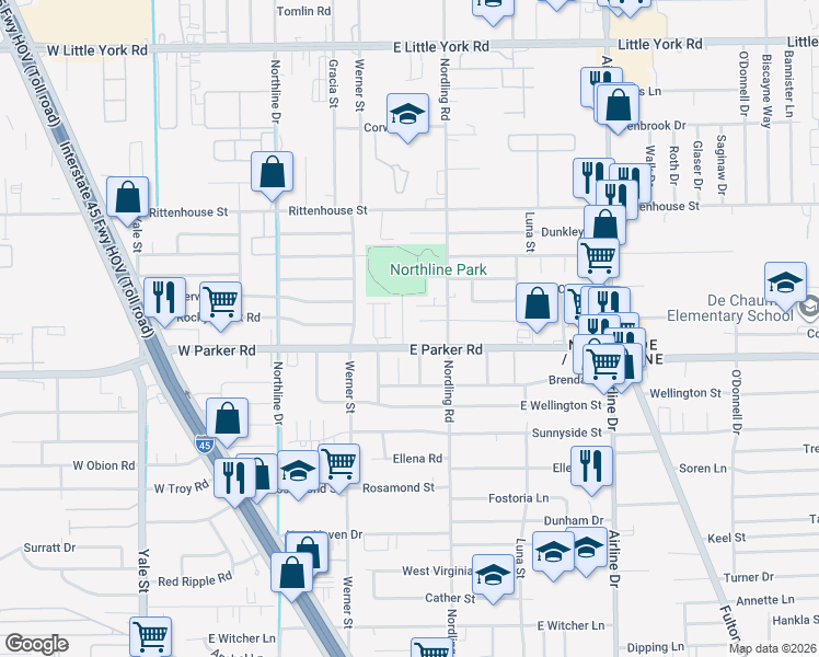 map of restaurants, bars, coffee shops, grocery stores, and more near 6708 Dewville Lane in Houston