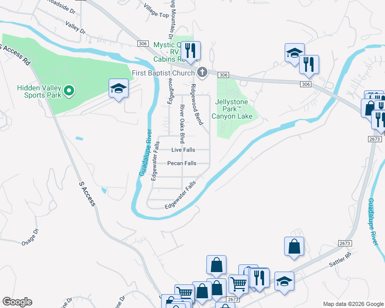 map of restaurants, bars, coffee shops, grocery stores, and more near 485 Live Falls in Canyon Lake