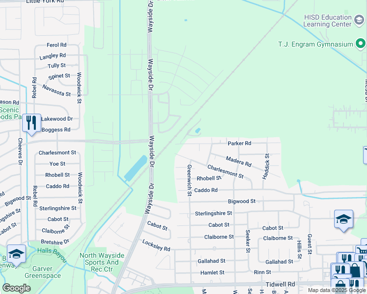 map of restaurants, bars, coffee shops, grocery stores, and more near 8044 Parker Road in Houston