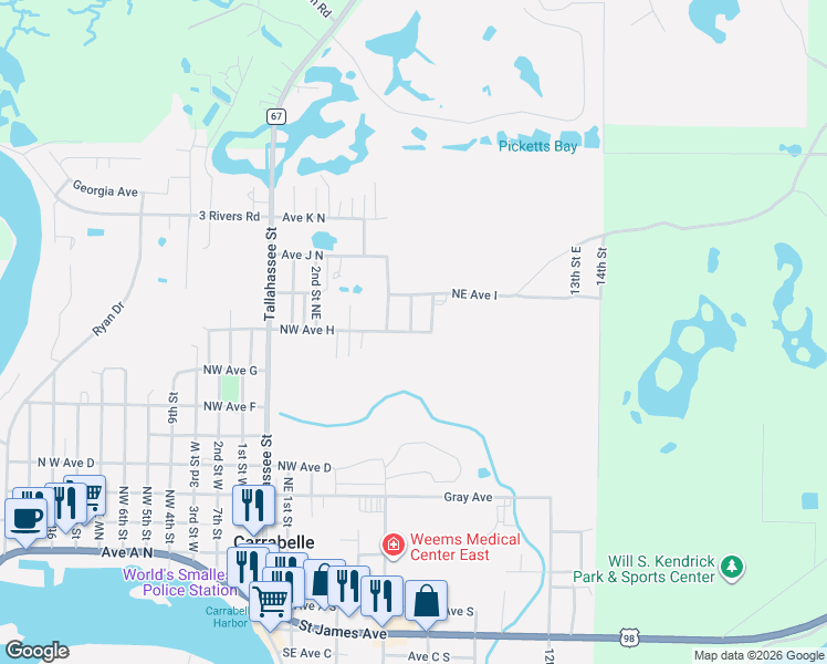 map of restaurants, bars, coffee shops, grocery stores, and more near 901 7th Street East in Carrabelle