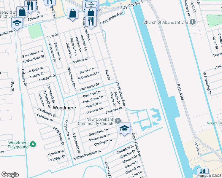 map of restaurants, bars, coffee shops, grocery stores, and more near 3001 Aspin Court in Harvey
