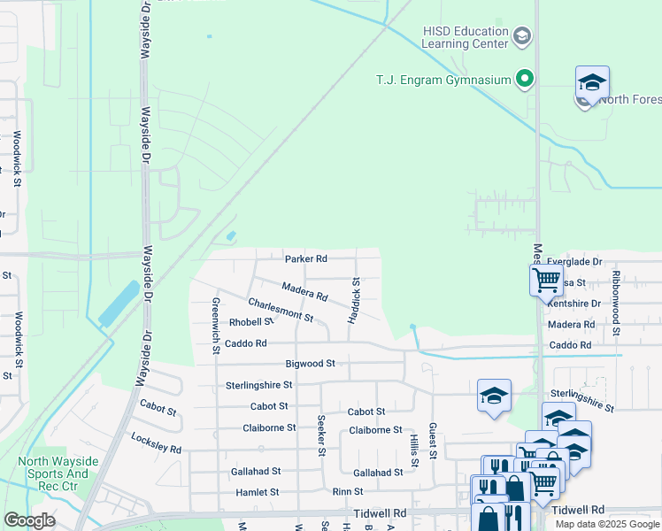 map of restaurants, bars, coffee shops, grocery stores, and more near 8326 Parker Road in Houston