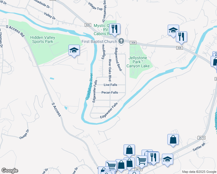 map of restaurants, bars, coffee shops, grocery stores, and more near 611 Live Falls in Canyon Lake