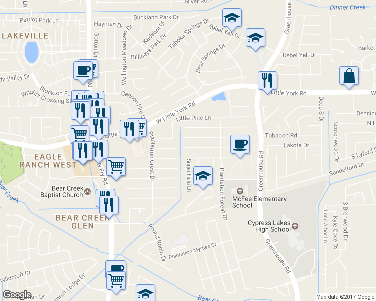 map of restaurants, bars, coffee shops, grocery stores, and more near 19539 Rum River Court in Katy